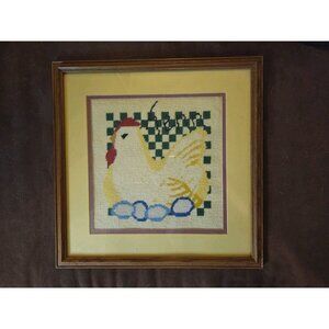 Vintage Needpoint Hen on eggs framed & matted‎ picture 13.5 x 13.5" Farmhouse